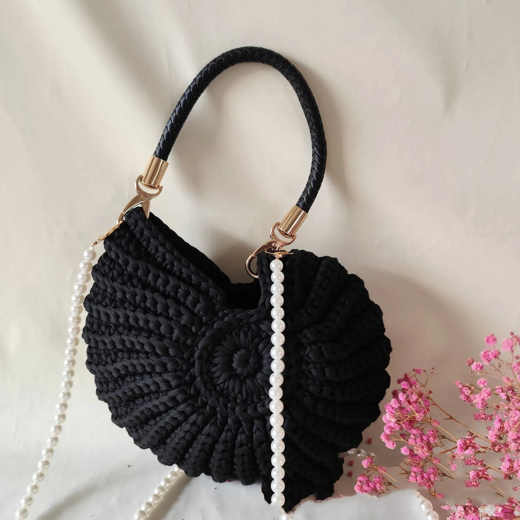 Round handmade woven crossbody bag with pearl chain strap, 25x25cm, polyester, multiple colour options