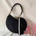Round handmade woven crossbody bag with pearl chain strap, 25x25cm, polyester, multiple colour options
