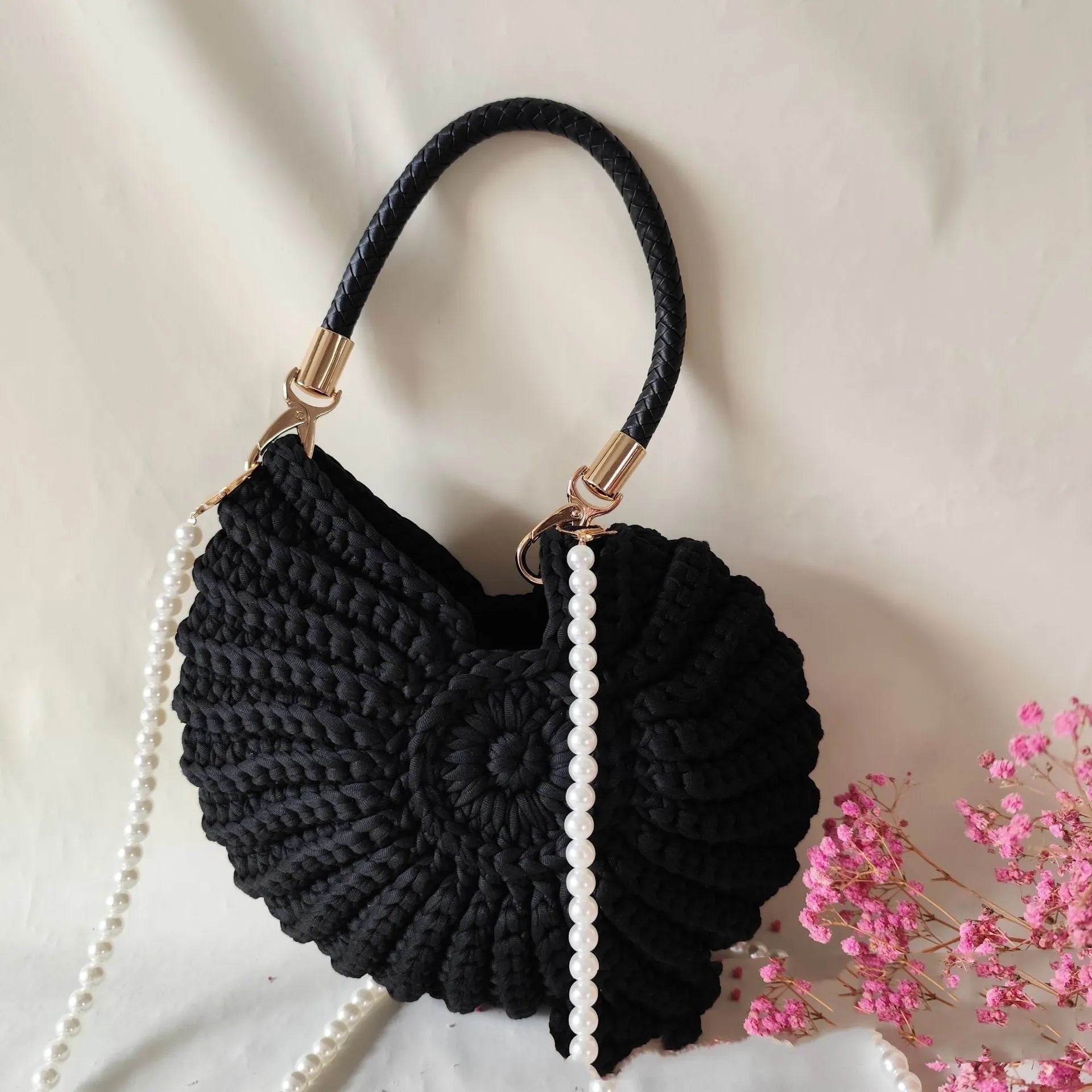 Round handmade woven crossbody bag with pearl chain strap, 25x25cm, polyester, multiple colour options