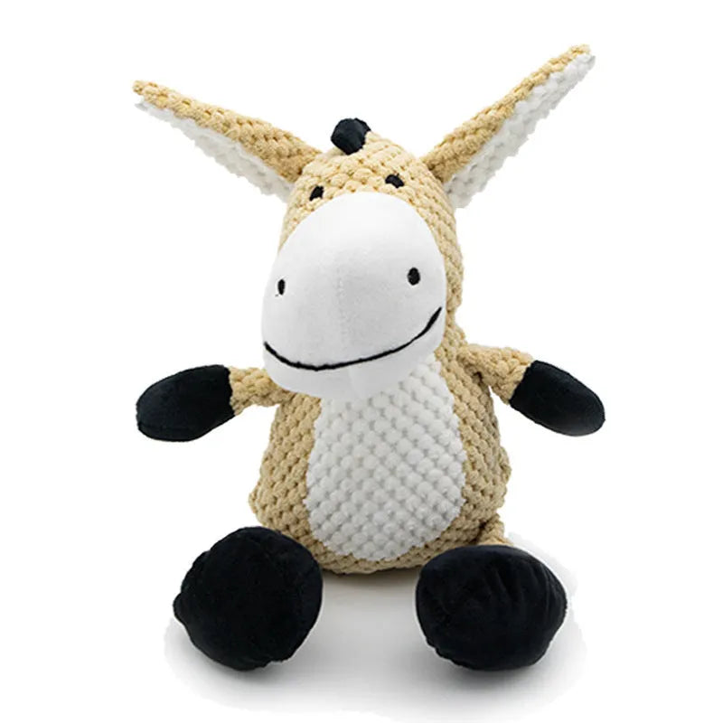Small plush dog chew toy in animal shape with squeaker for interactive play and teeth cleaning