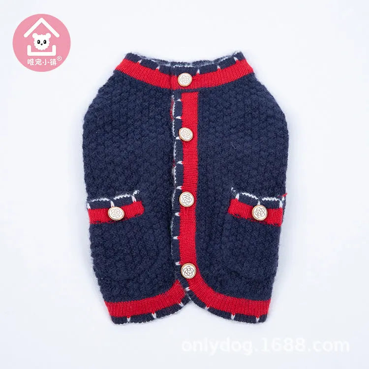 Blue Bejirog wool sweater cardigan for pets in classic princess style on mannequin