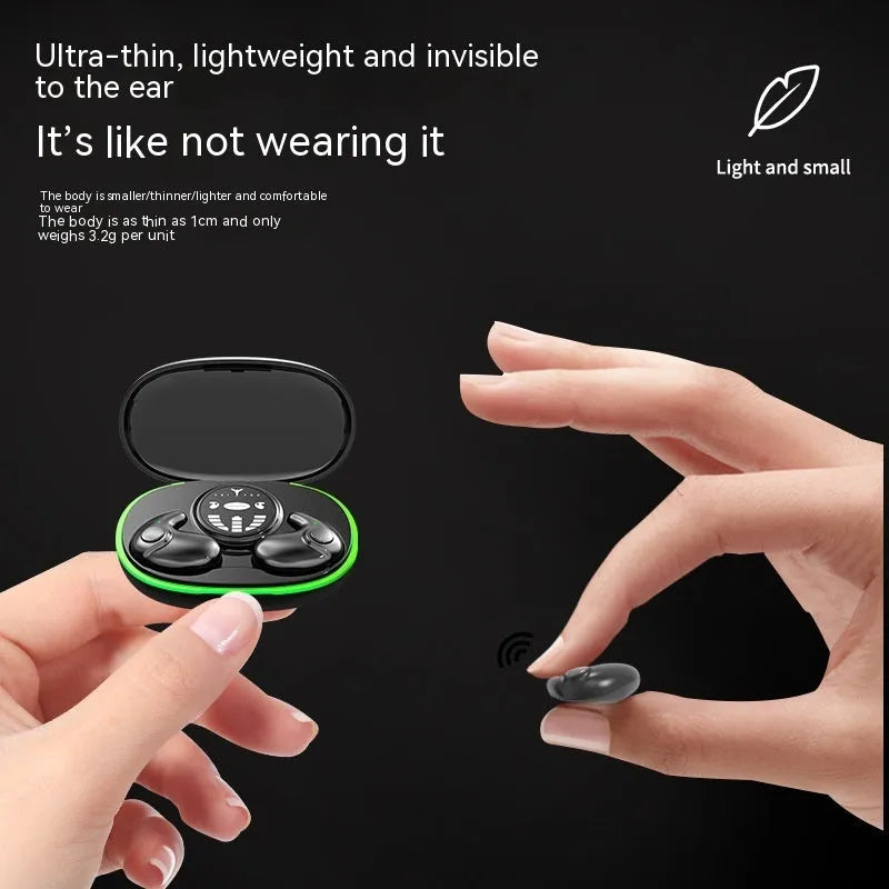 Ultra-thin sleep invisible Bluetooth earphone in black colour with charging compartment