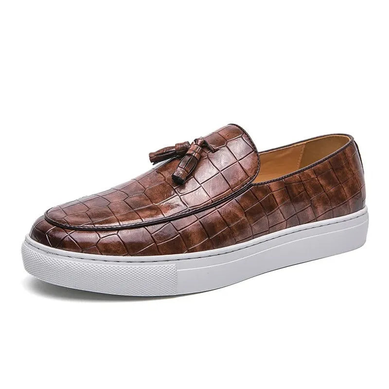 Men's plus size brown leather-look sneakers with tassel detail and rubber sole.