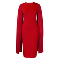 Women's long sleeve high-waist evening gown in a solid colour with a round neck and pleated shawl detail.
