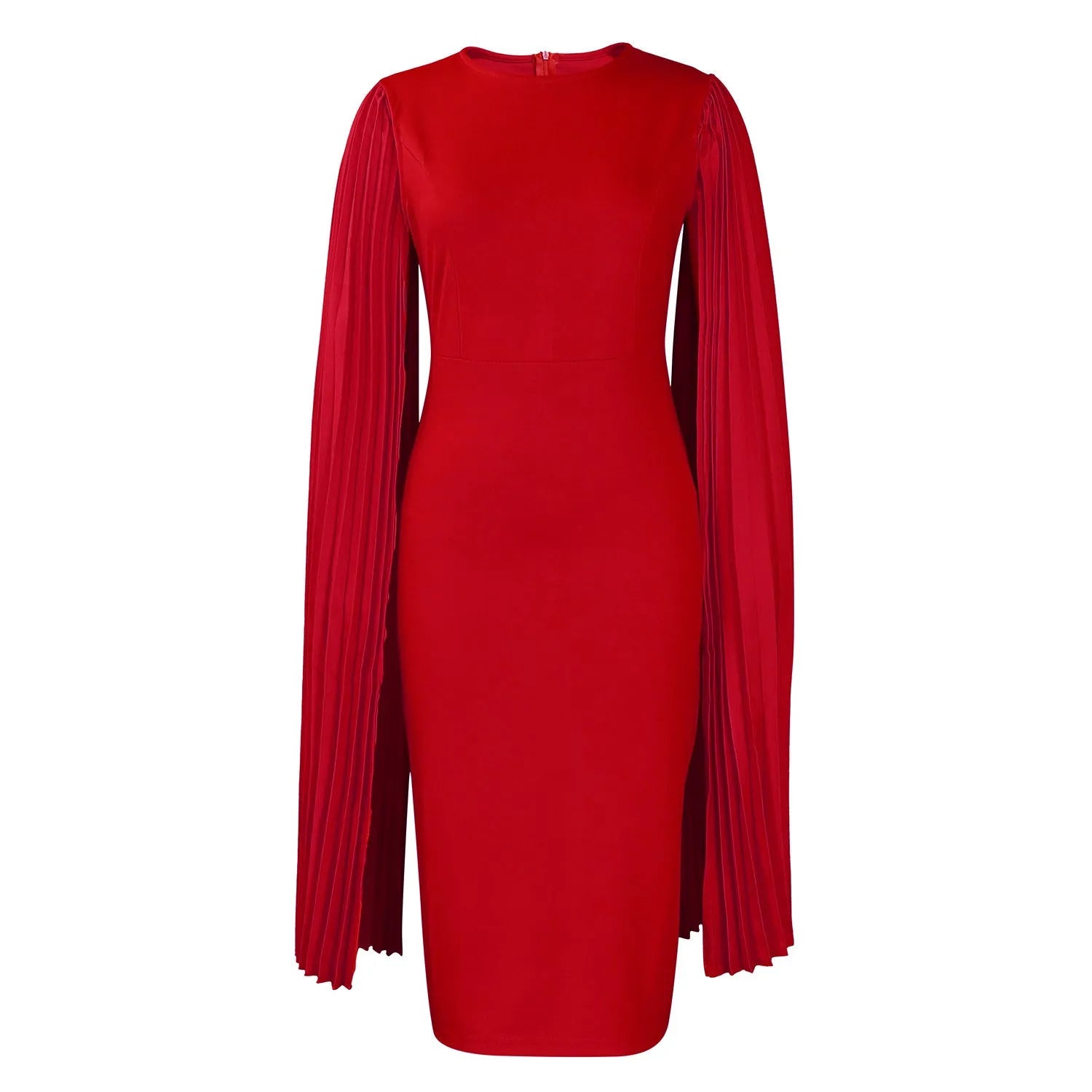 Women's long sleeve high-waist evening gown in a solid colour with a round neck and pleated shawl detail.