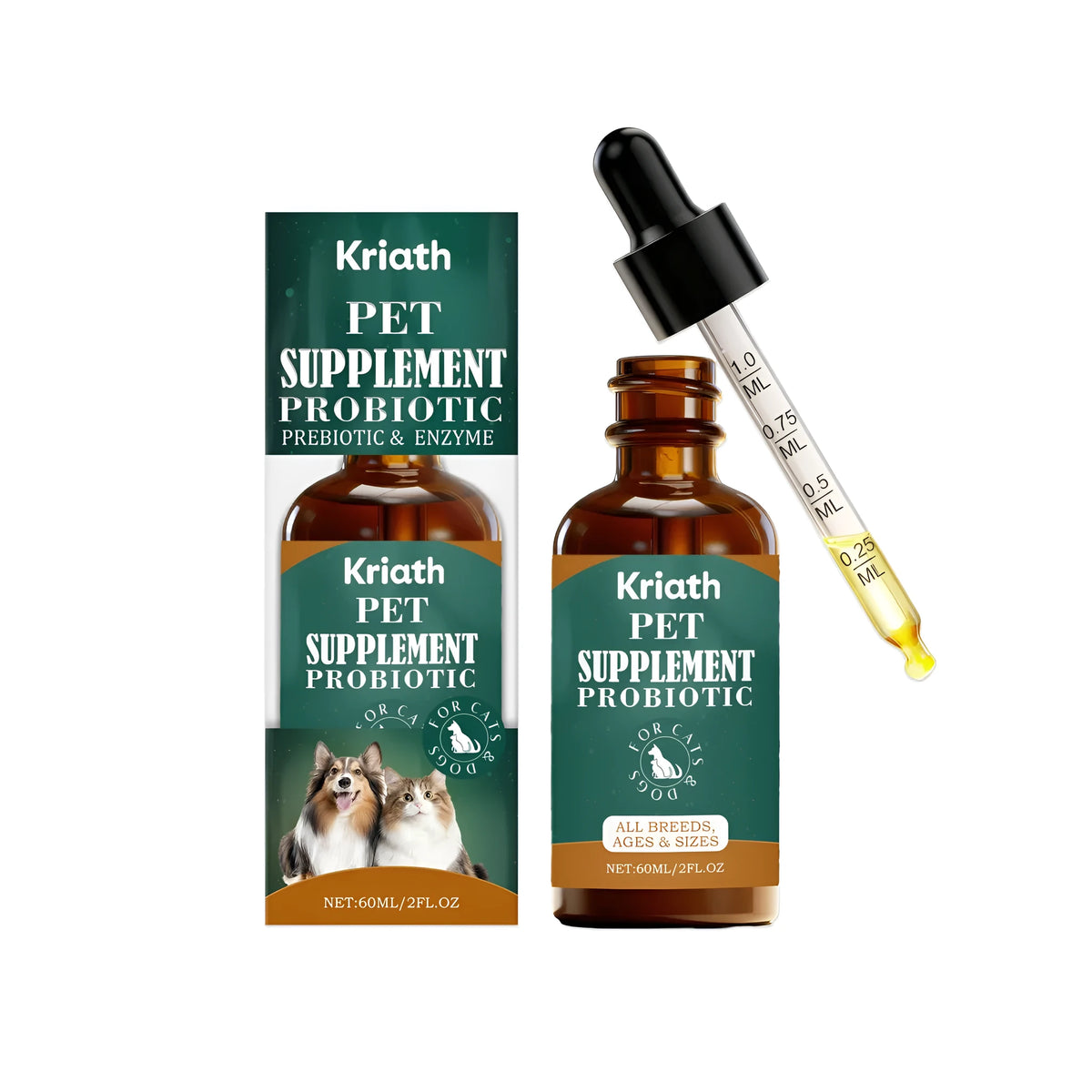 Probiotic support drops for cats and dogs, 60ml liquid supplement bottle with purified water and plant glycerin
