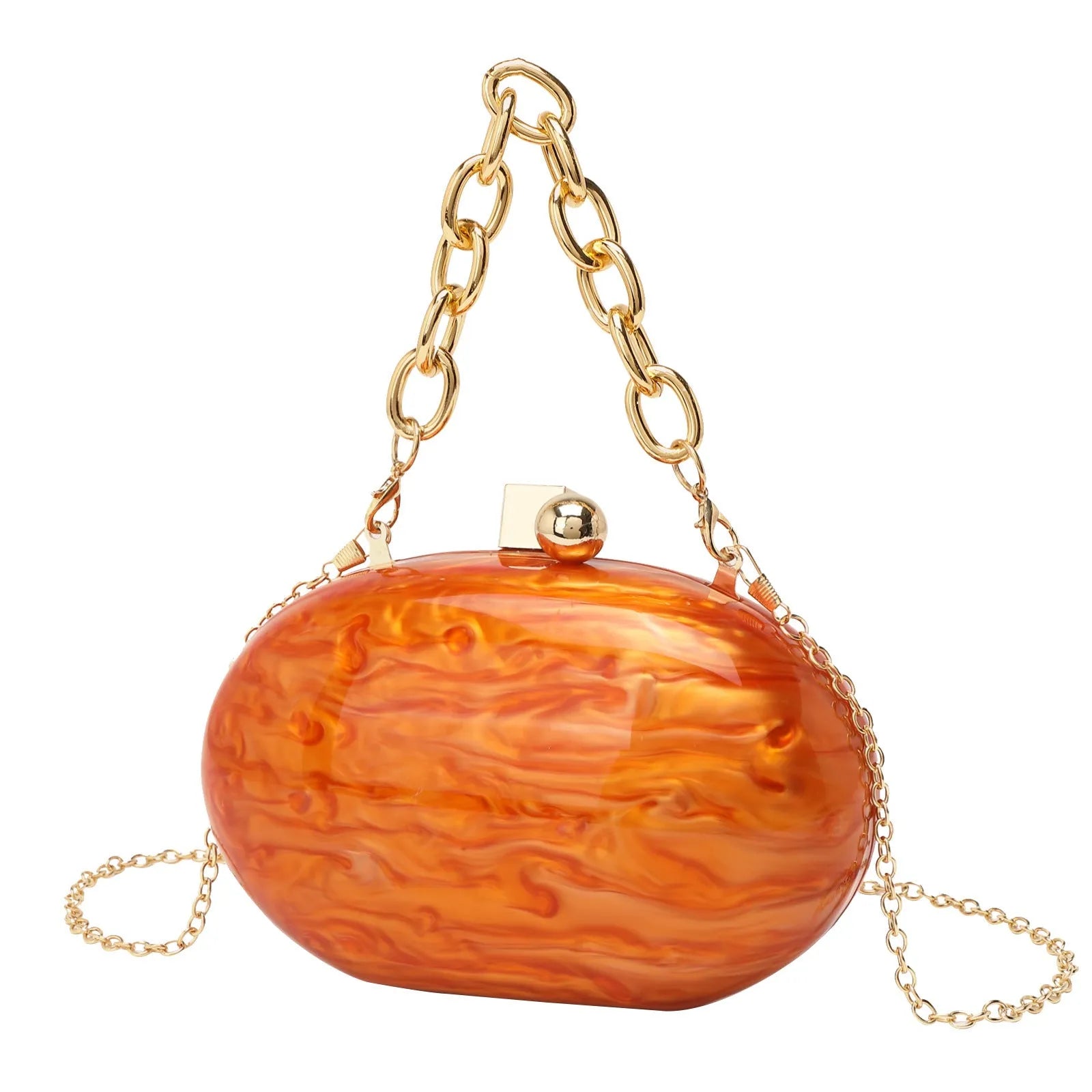 Hard acrylic oval clutch bag with chain strap in a pearlescent colour with phone and file compartments visible.