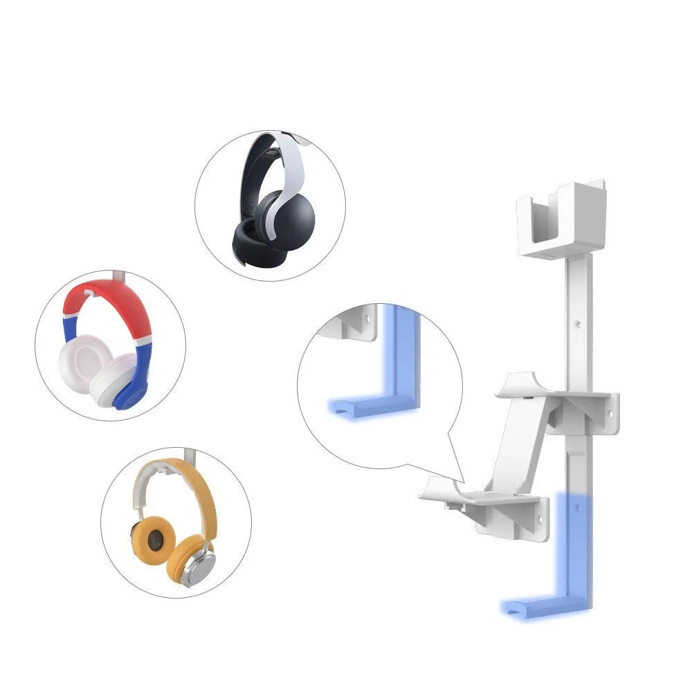 White ABS plastic wall hook holding a PlayStation controller and gaming headset.