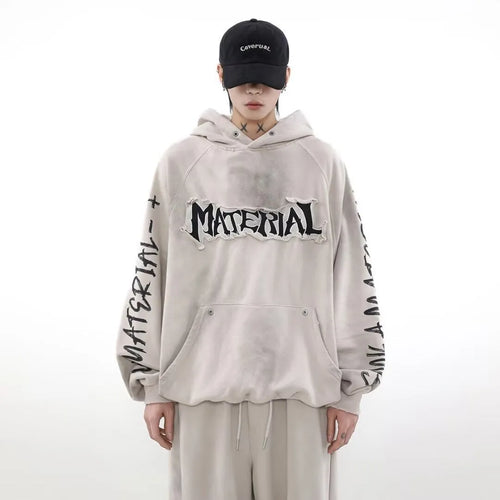 American vintage distressed graffiti hoodie in black, loose fit pullover, long sleeve, polyester fabric