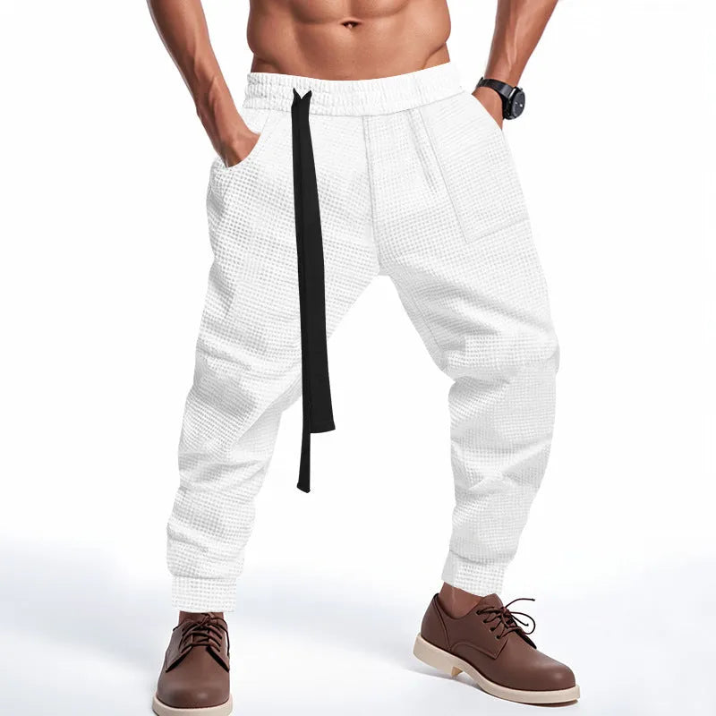 Men's waffle casual trousers, mid-rise straight leg polyester blend, in black, khaki, light grey, blue or white