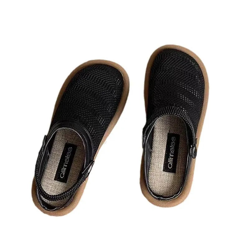 Women's beige linen slip-on shoes with mesh lining, round toe, and rubber sole on a neutral background.