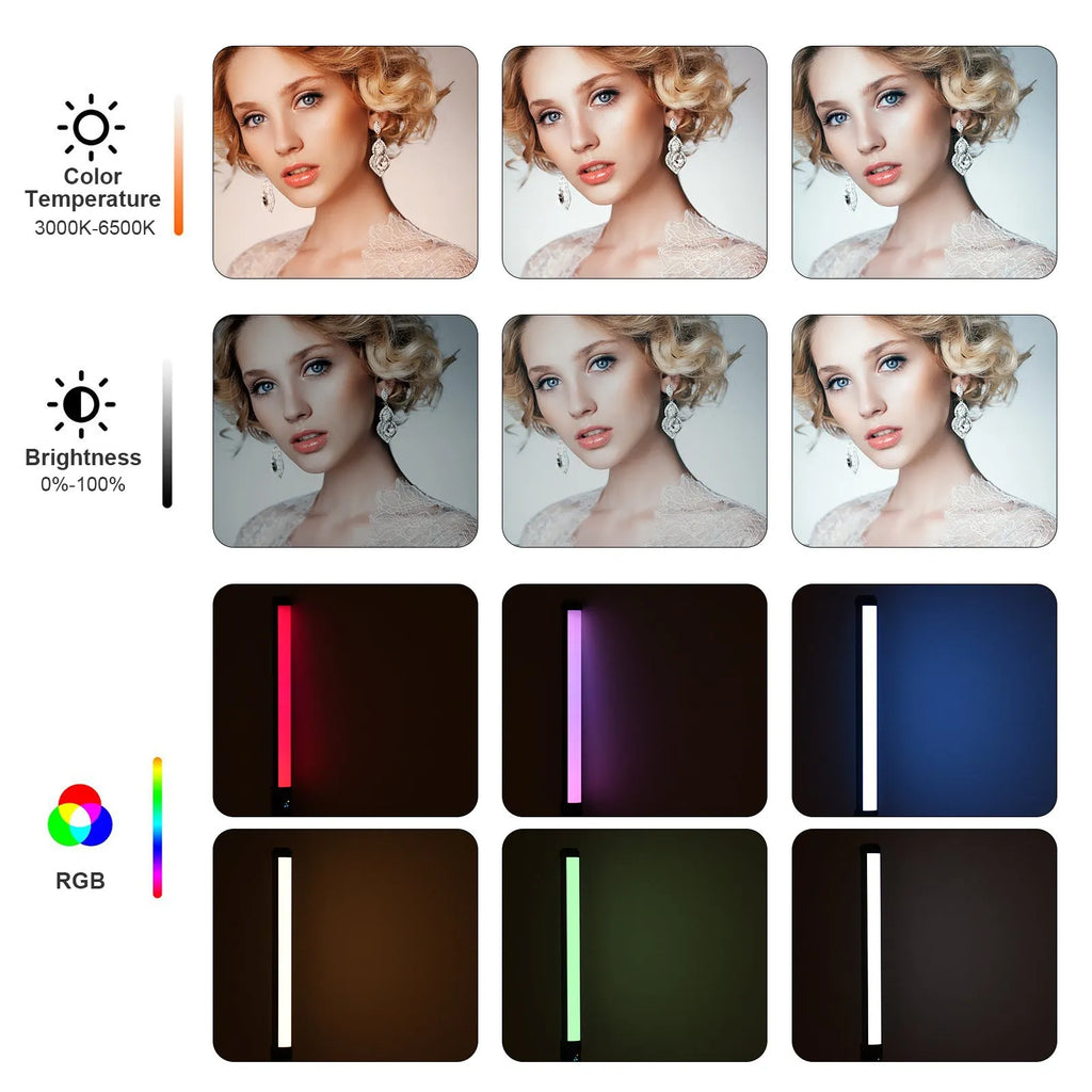 Handheld LED photography fill light with adjustable colour temperature and RGB lighting modes