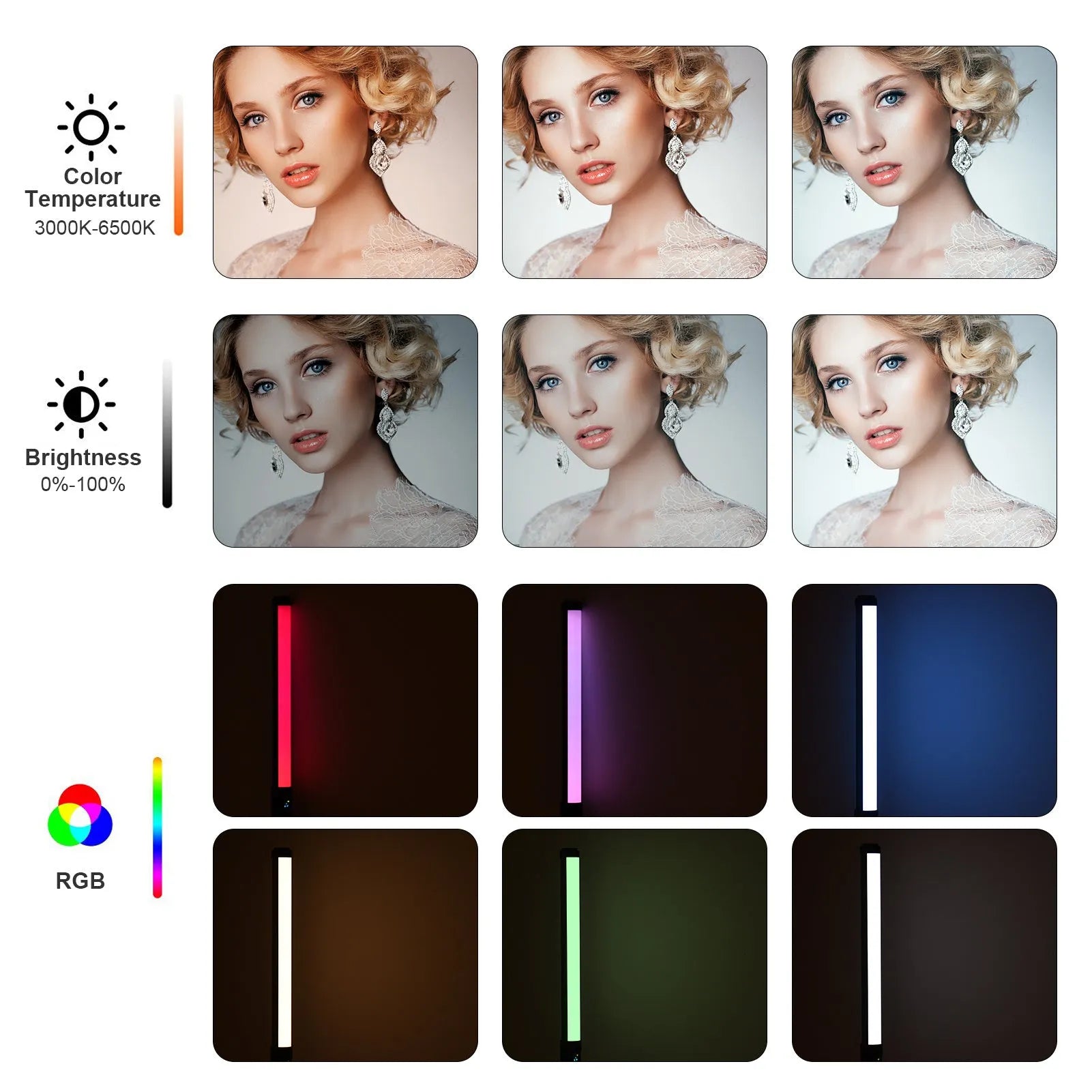 Handheld LED photography fill light with adjustable colour temperature and RGB lighting modes