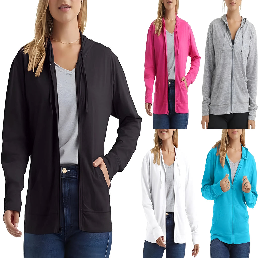 A loose-fit solid colour hoodie pullover with long sleeves shown in multiple colour options.