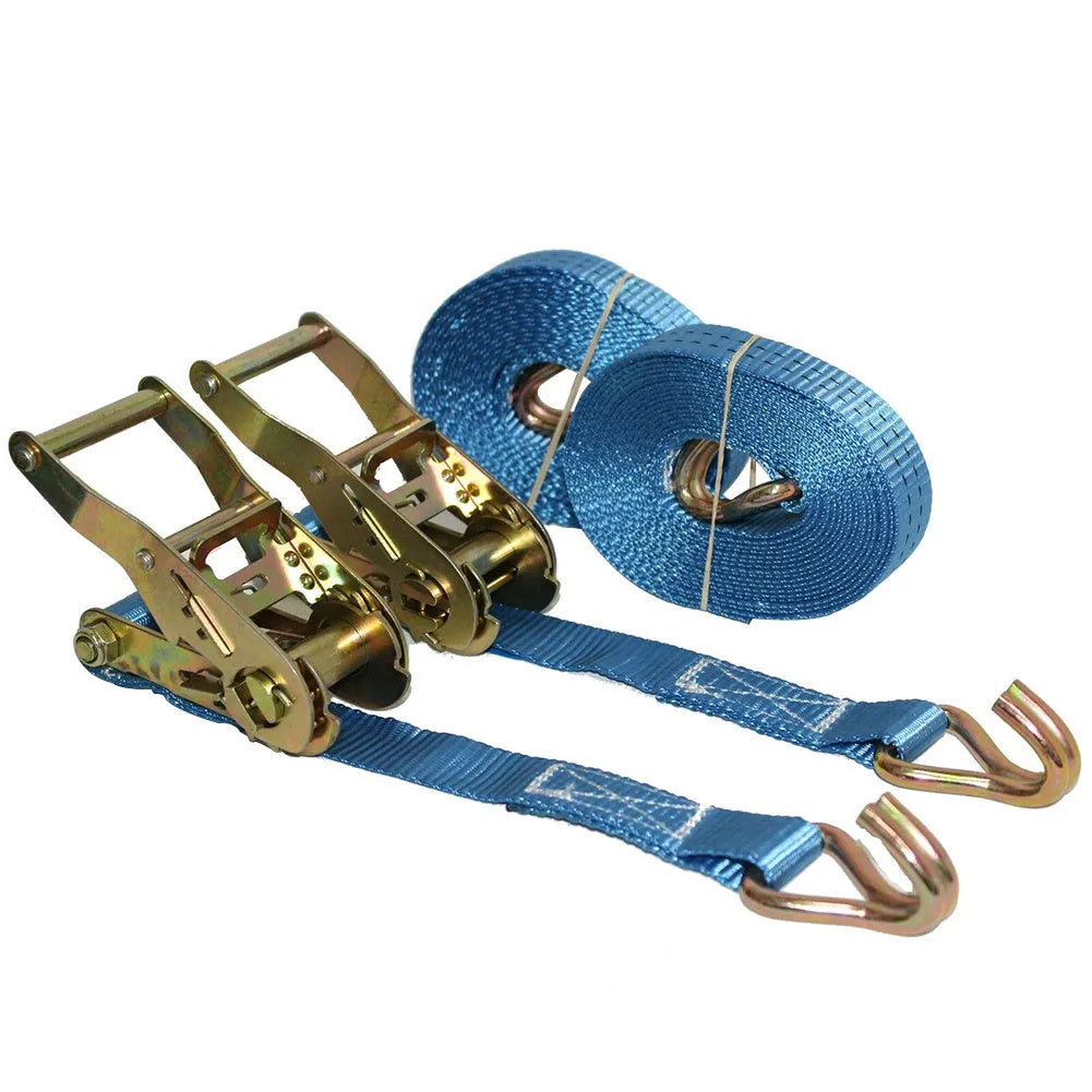 Steel ratchet tensioner with double hook on a 25mm wide polyester fastening strap for cargo and furniture