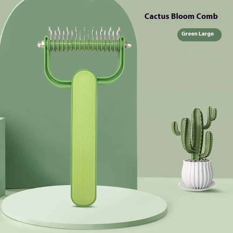 Green and grey dog detangling combs showing small and large size options with stainless steel pins on a PP handle.