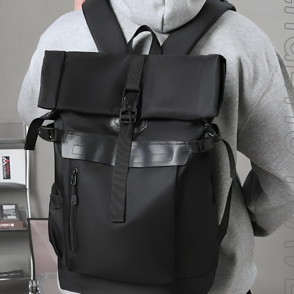 Men's multi-functional outdoor travel business backpack in black waterproof nylon
