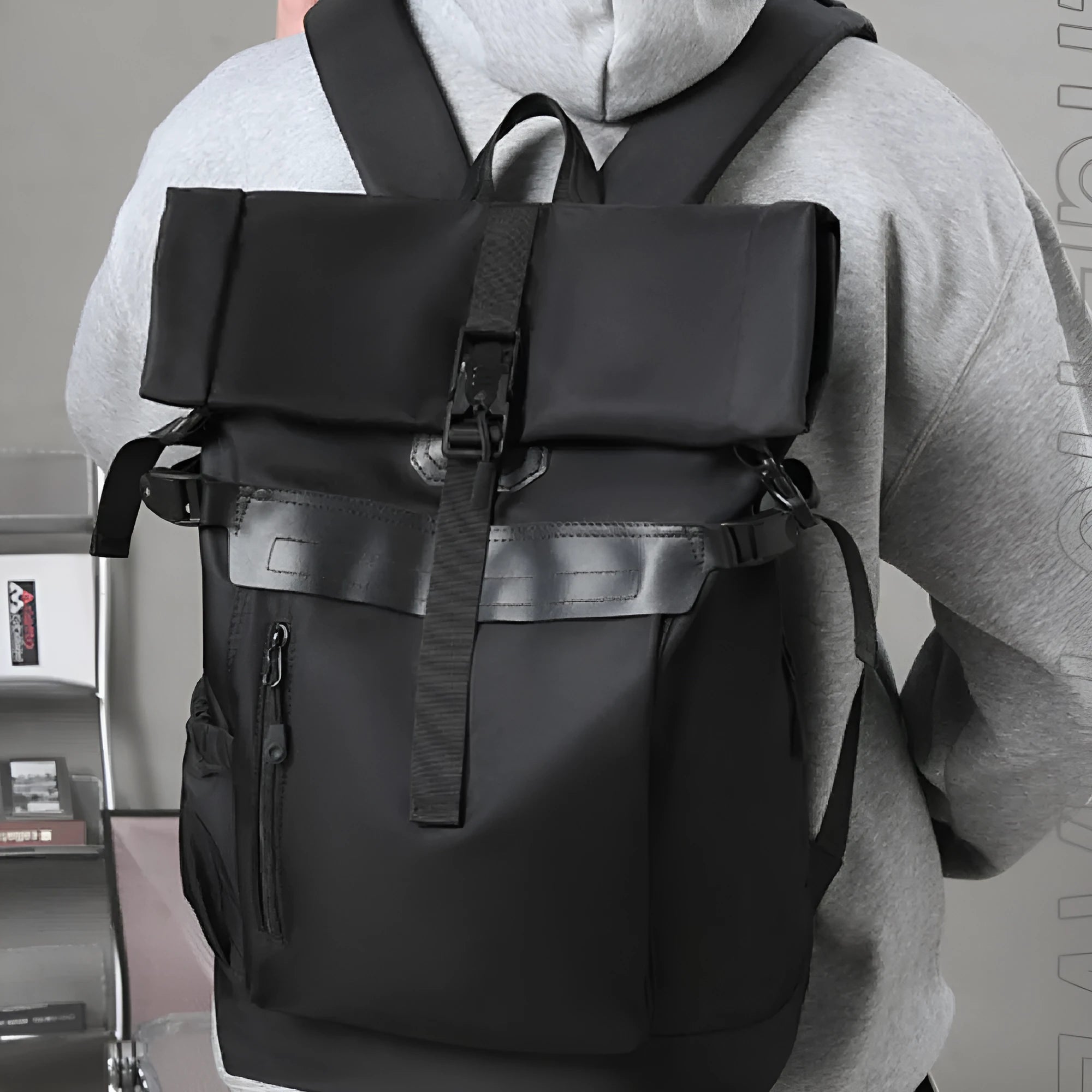 Men's multi-functional outdoor travel business backpack in black waterproof nylon