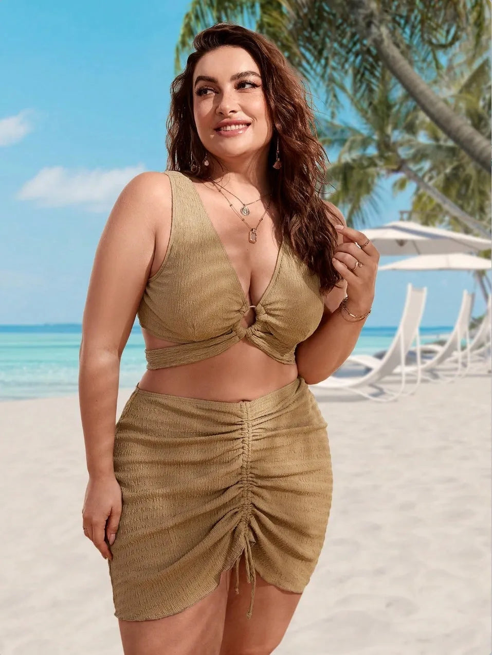 Women's polyester solid colour brown loose swimsuit suit, sleeveless briefs style, sizes 0XL to 4XL