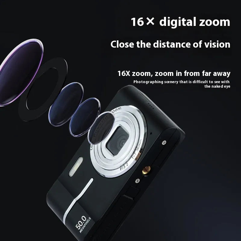 Compact HD 4K digital student camera in black, green, pink, or white with a lanyard and charging cable.