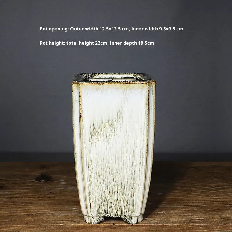 Light colour glazed ceramic flowerpot square sign tube handmade fired Shiwan style indoor plant container