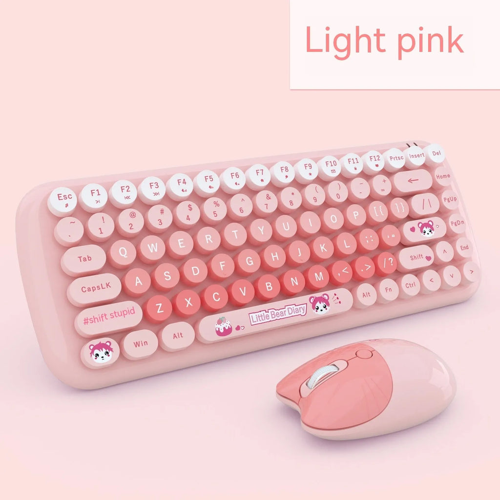 Candy pink wireless keyboard and mouse set with cartoon design on compact 43.5cm keyboard