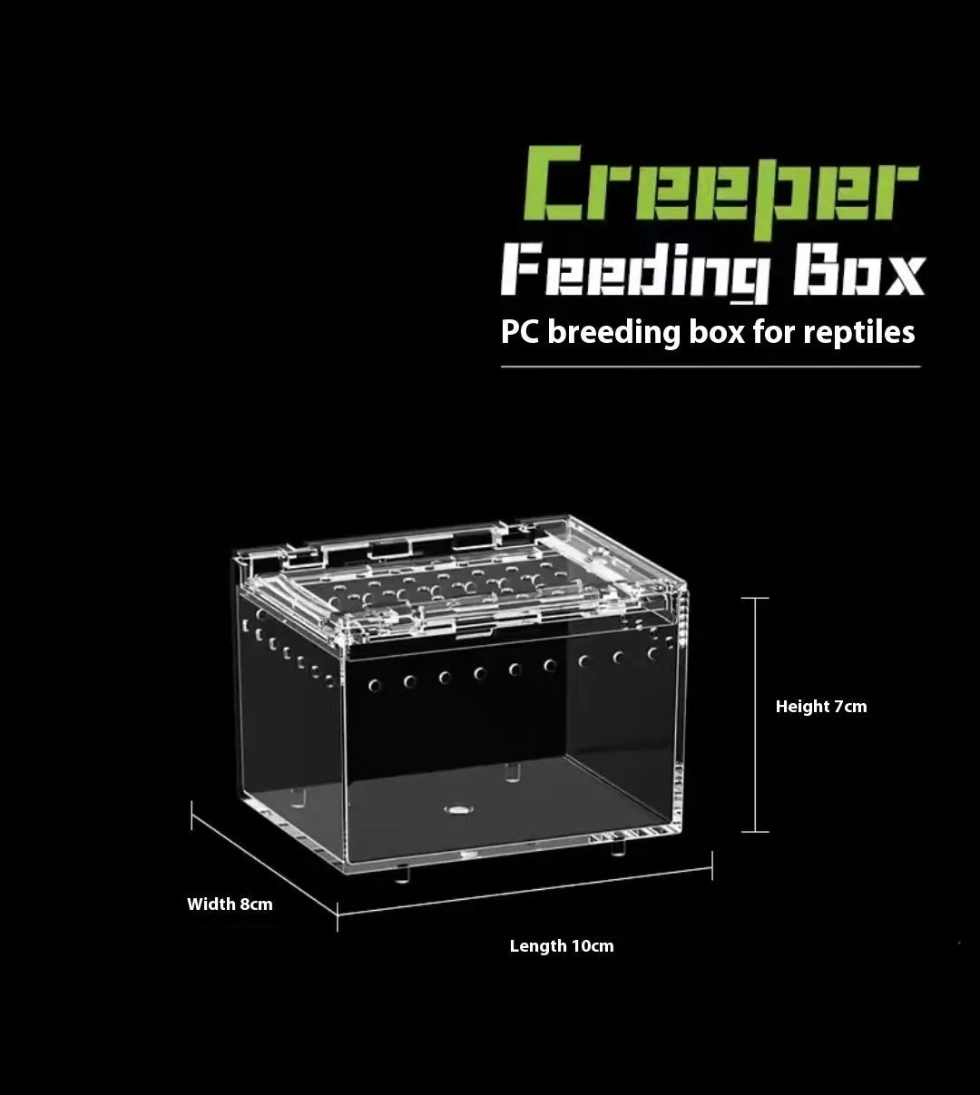 Transparent acrylic reptile feeding box showing PC construction and size options