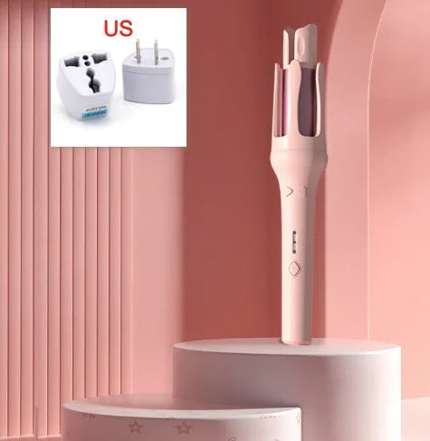 White and pink automatic hair curler with a rotating 32mm ceramic barrel and digital temperature display.