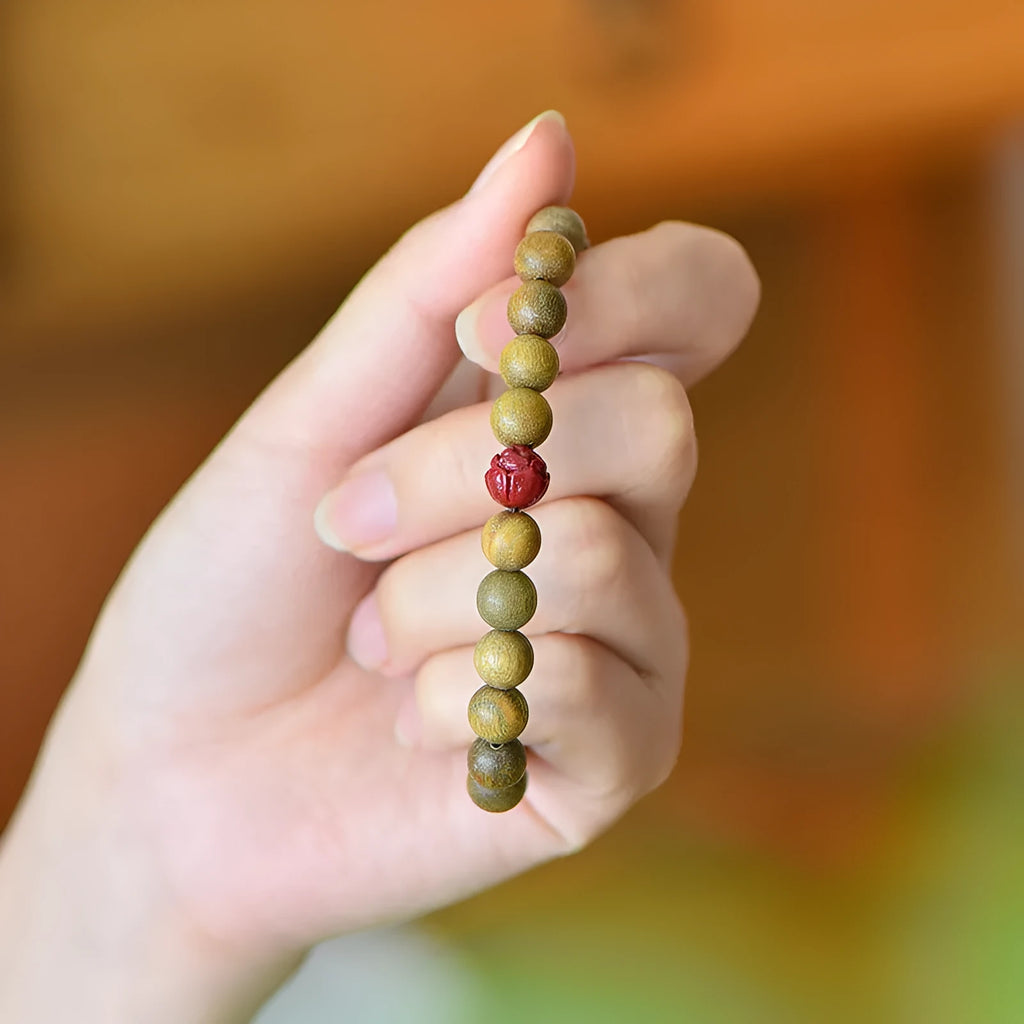 Cinnabar lotus bracelet with guajacwood beads in 8mm and 10mm sizes, retro style, picture colour