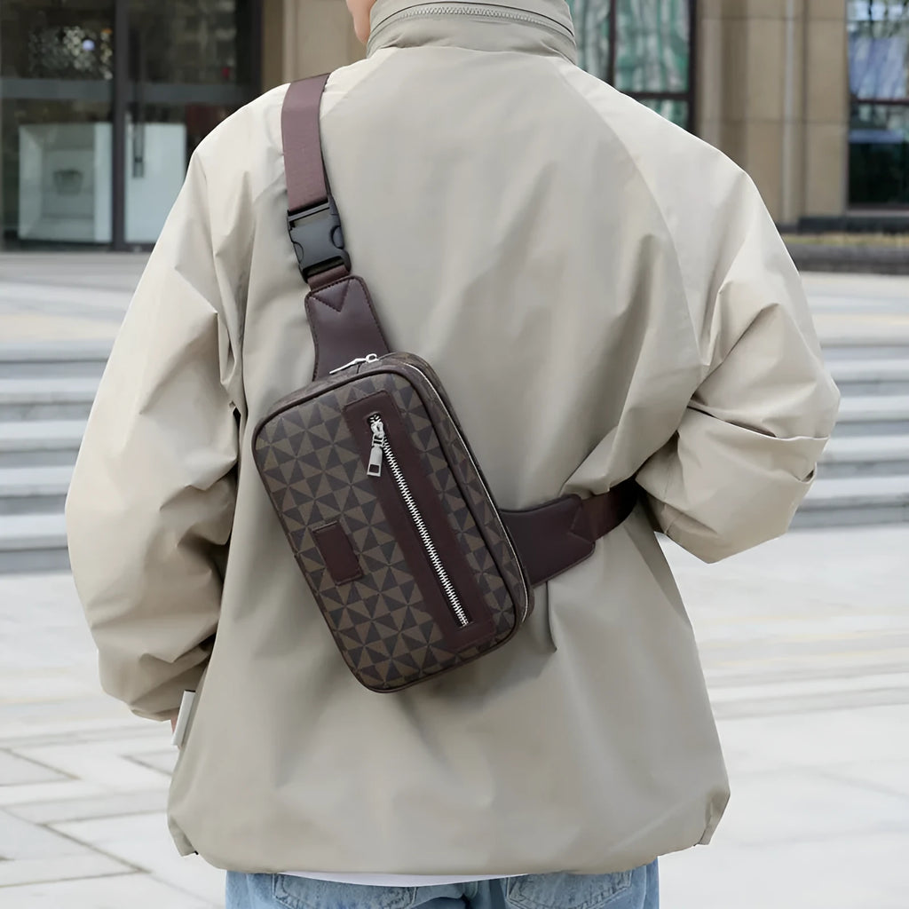 Men's black PU crossbody shoulder bag with chest-printed design and visible sewing lines