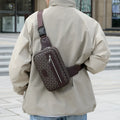 Men's black PU crossbody shoulder bag with chest-printed design and visible sewing lines
