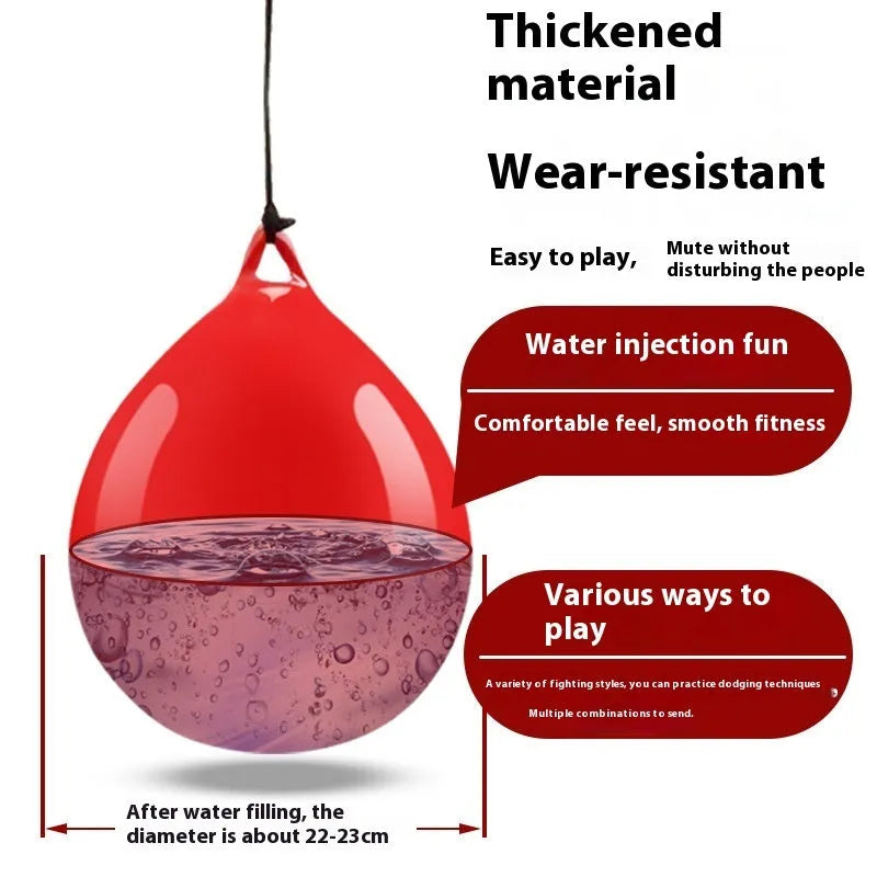 Red water-filled PVC boxing reaction ball with hook rope sling for combat sports training