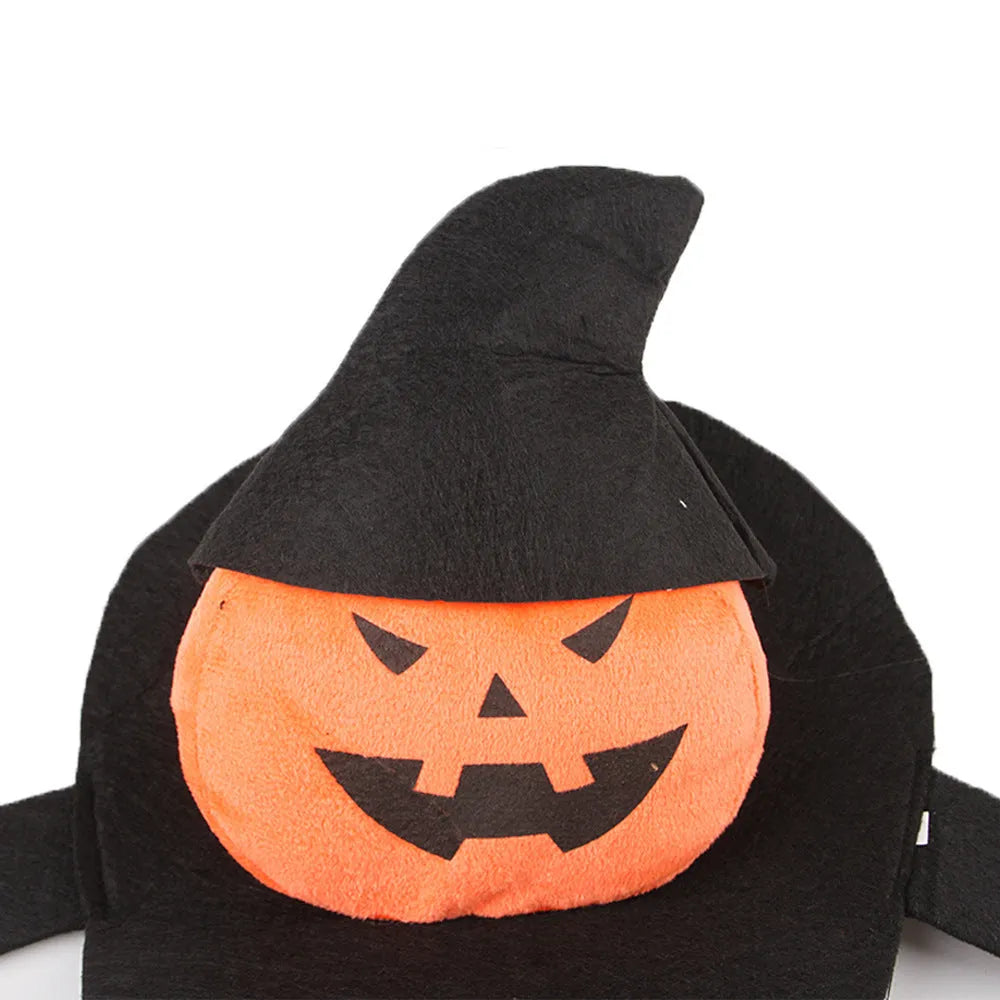 Dog wearing a PP cotton Halloween costume in a ghost or pumpkin ghost design.