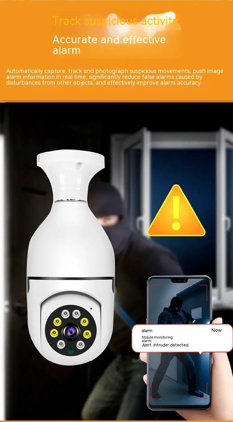 White wireless wifi bulb security camera with lens, showing 5cm diameter and 12cm height.