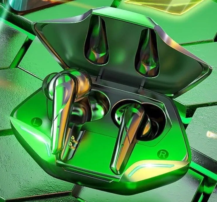 Wireless Bluetooth gaming earbuds with a compact charging case, shown in multiple colour options.