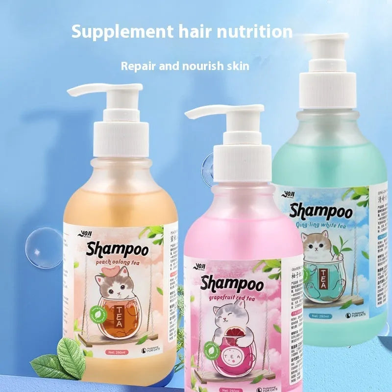 Cat Universal Bath Lotion 280ml cat shampoo with anti-mite sterilisation, available in Peach Oolong, Grapefruit Black, and Qingling White Tea