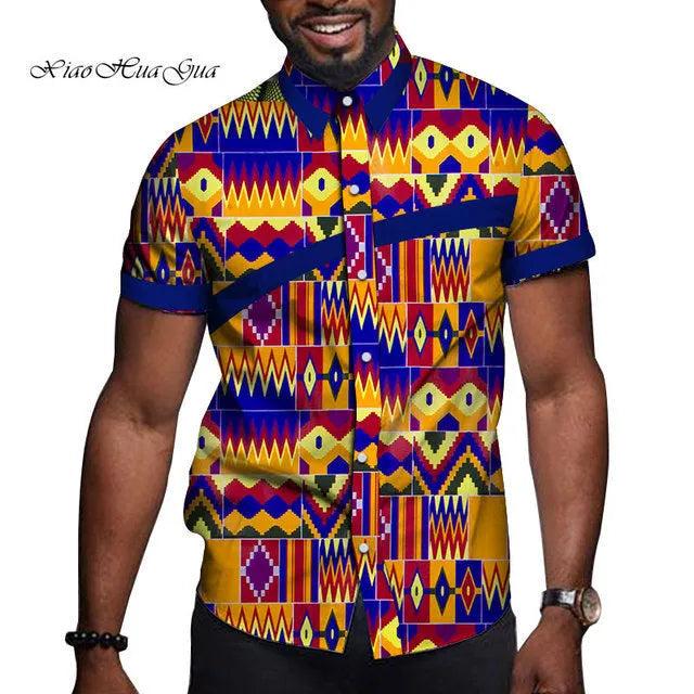 African men cotton printed short sleeve T shirt colourblock lapel collar fitted leisure top