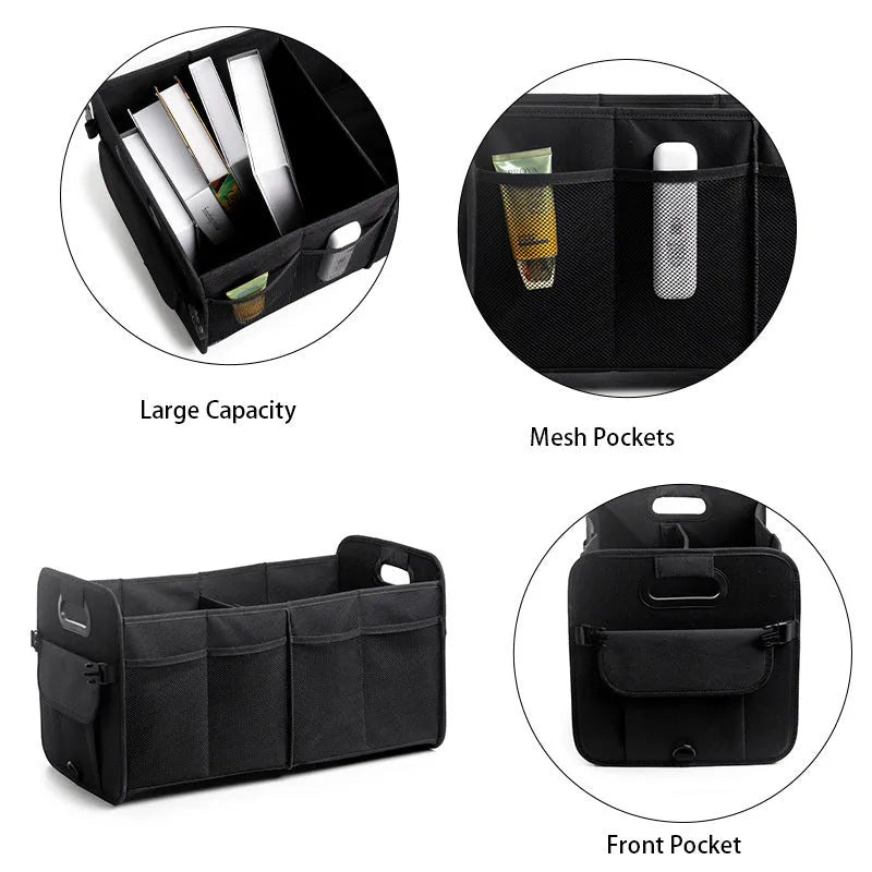 Foldable fabric car trunk storage box with multiple compartments and handle