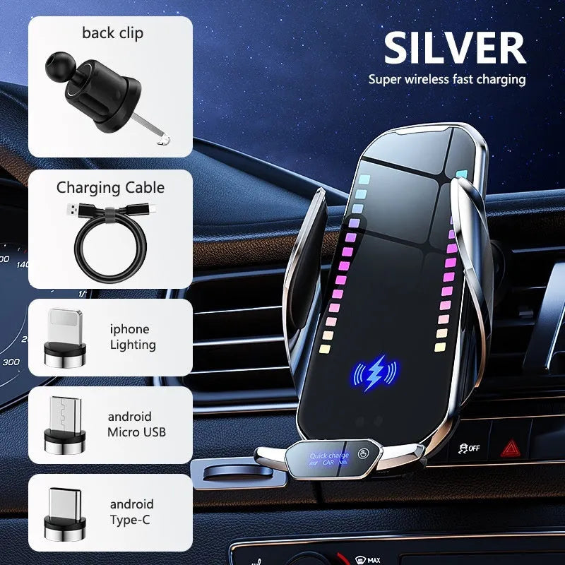 Car mobile phone holder with 15W wireless charging pad and electric clamping mechanism.