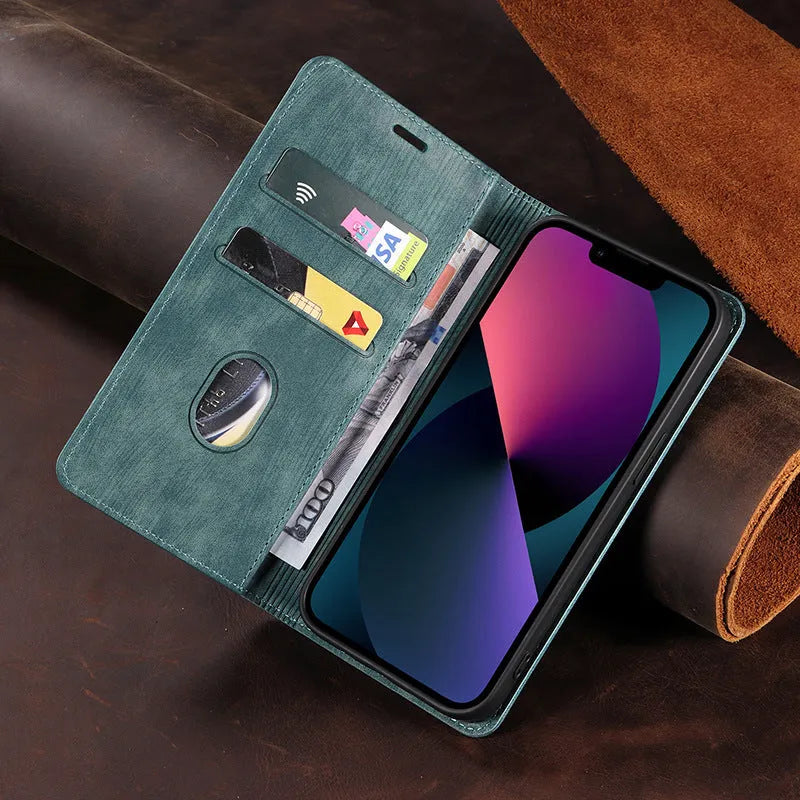 Magnetic flip phone case for iPhone in leather and TPU, shown closed with secure magnetic clasp.