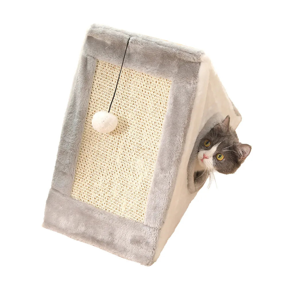Grey and white triangle cat scratching post with integrated plush bed for cats.
