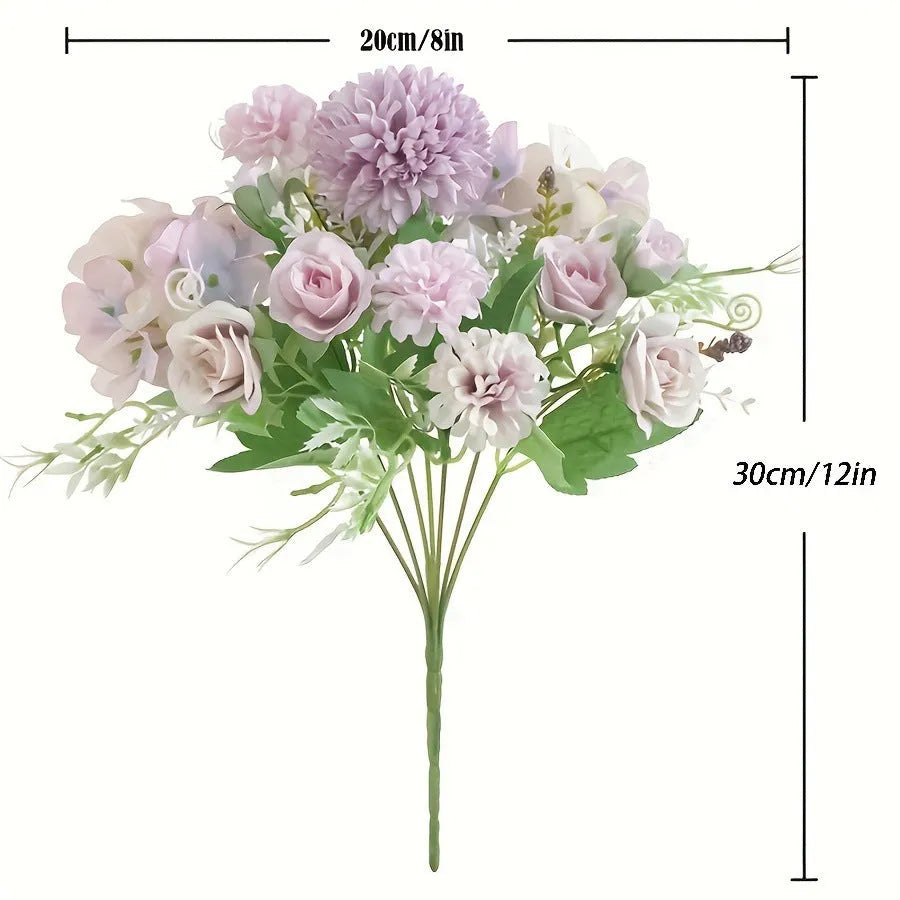 Artificial hydrangea combination in raw silk and plastic, available in white, blue, pink, purple, and green, 1pc or 4pc
