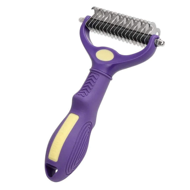 Purple plastic double-sided pet comb for dogs with knot removal and fine deshedding teeth.