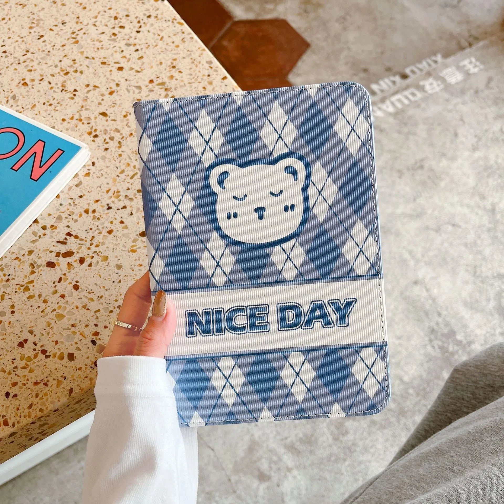 Cartoon plaid bear silicone TPU flip case for iPad in blue rhombus pattern