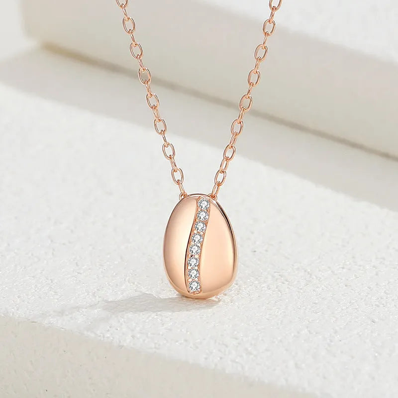 Coffee bean 925 silver necklace with inlaid zircon round pendant on a 41-50cm cross chain in white gold or rose gold colour