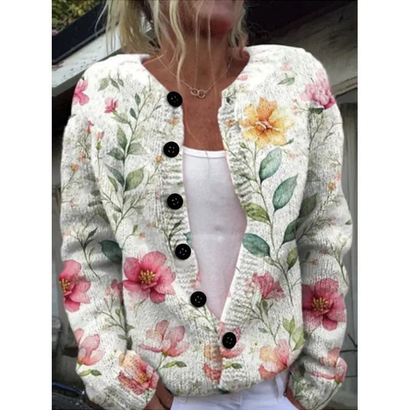 Yellow digital print cardigan coat with 3D pattern effect, regular sleeves, fresh sweet style
