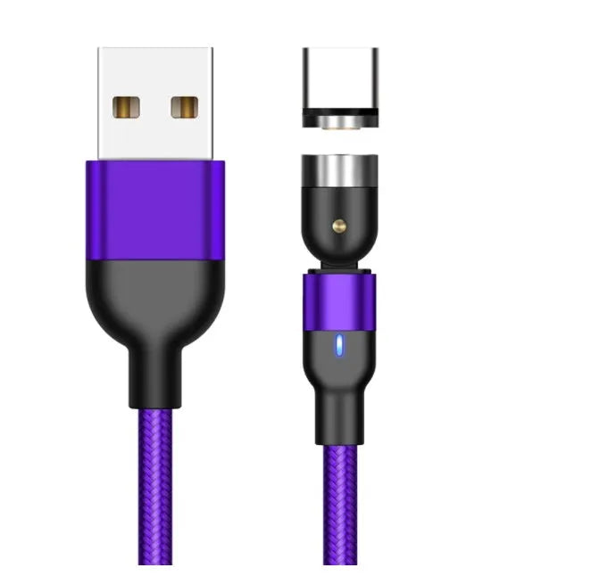 Essager black magnetic charging cable with blue LED light, showing 360-degree rotating connector.