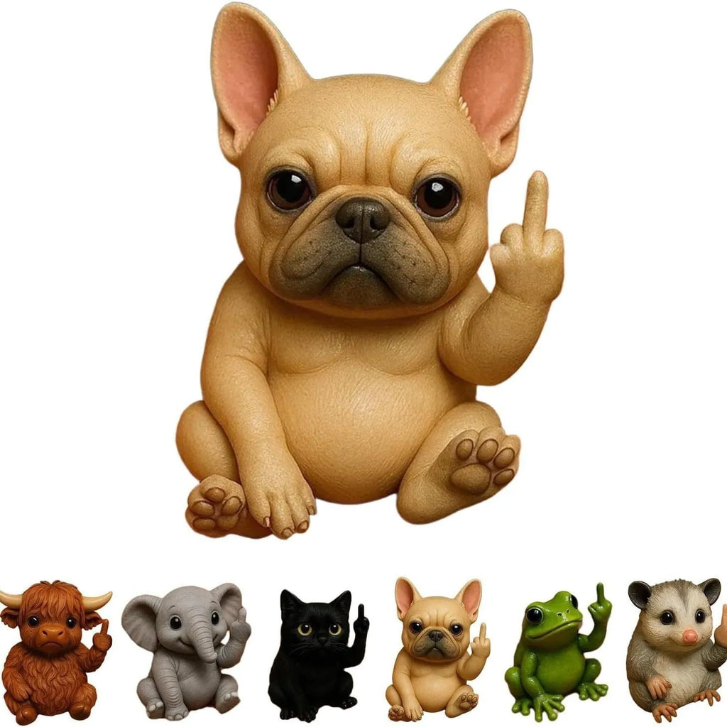 Mini resin animal figurine with a raised middle finger, shown in dog style.