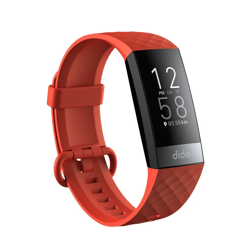 Black smart health bracelet with a 1.1-inch display on a wrist, showing blood pressure and ECG readings.