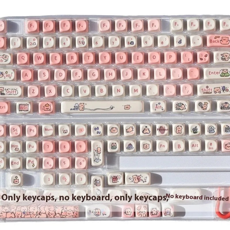 Pink PBT mechanical keyboard keycap with a colourful cartoon pig character design on the front and sides.